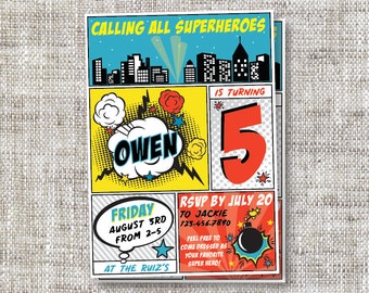 Customizable Super Hero Birthday Party Invitations with Halftone, Super Hero and Comic Book Accents | Boy or Girl Birthday Party Invitation