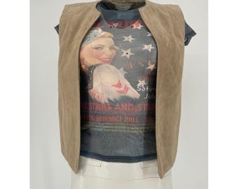 Vintage suède hemd beige bruin minimalistisch leer open voorkant jaren 90 maat 8 dames