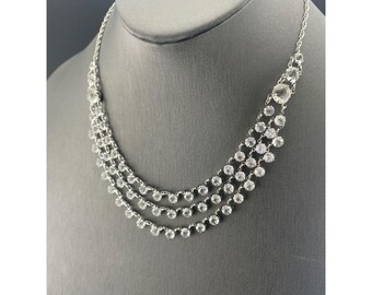 Vintage Open Back Crystal Festoon Necklace Silver Tone Czech 3 Strand Draped Bib
