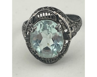 Vintage Sterling Silver Filigree Ring Large Oval Aqua Glass Stone Art Deco Style