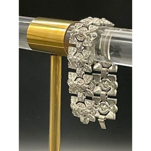 Vintage Art Deco Strass-Gliederarmband mit geometrischem Muster, silberfarben