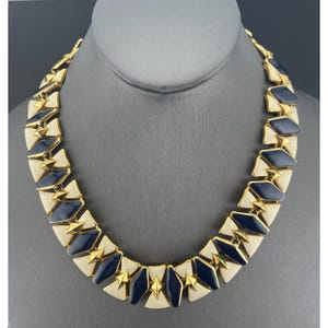Vintage Monet Enamel Panel Necklace Navy Ivory Gold Tone Statement Collar 1980's
