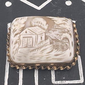 May include: A rectangular brooch featuring a carved shell cameo with a landscape scene of a small building, trees, and rolling terrain. The cameo is set in a gold-toned metal frame with a twisted rope border and a smooth, polished edge.
