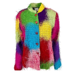 Giacca patchwork in fibra di ciglia arcobaleno Florissant NY vintage anni '90 Avant Garde L