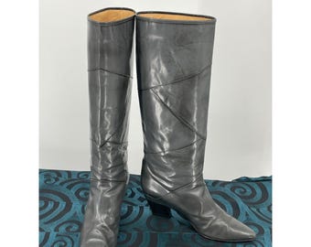 Vintage Italian Glossy Gray Calfskin Tall Boots 10N Pointed Toe