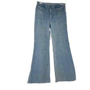 Y2K Patchwork Grid Denim Jeans Mid Rise Flare Raw Hem 26 27 Vintage