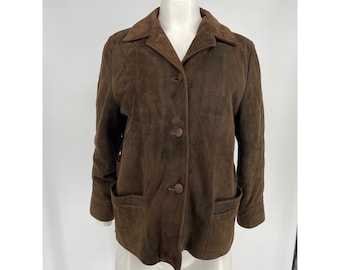 Womens Vintage Brown Suede Leather Jacket Zip Out Lining 70s M Button Up Blazer