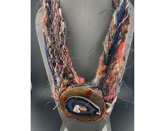 Artisan Agate Slice Necklace Fiber Textile Wearable Art Statement Avant Garde