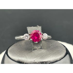 Sterling Silver Lab Ruby Three Stone Ring Size 8 Pink Red Corundum CZ Accent