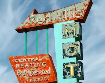 Red Hills Motel Neon Sign Print: Retro Roadside Americana