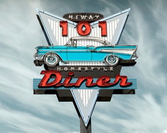 Hiway 101 Diner Vintage Neon Sign | Bar Retro Roadside Diner Restaurant Route 66