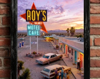 Roys Motel Cafe Illustration | Retro Roadside | Vintage Neon Sign | Americana Décor