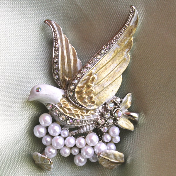 Large White Bird Brooch Faux Pearl Cluster Rhinestone Dove Pin Bird Lover Gift Jewelry Bird In Flight Olive Branch white gold silver gray