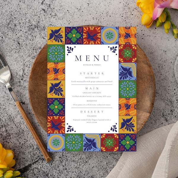 Colorful Mexican Talavera Tiles Menu Template #6 - Digital Format for Restaurants and Weddings. Easy to edit with Canva. Instant Download