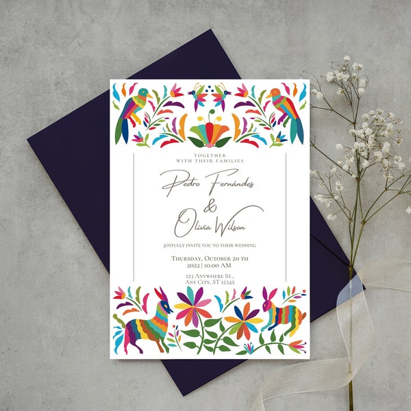 Customizable Mexican Wedding Invitation & Save the Date - Colorful Otomi Design #8 Spanish + English version. DIY in Canva. Instant Download