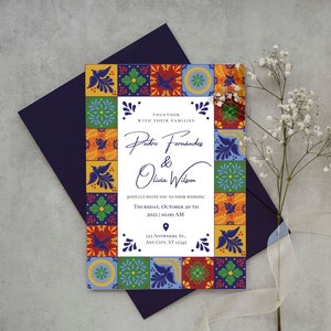 Customizable Mexican Wedding Invitation & Save the Date -Colorful Talavera Design. Spanish + English version. DIY in Canva. Instant Download