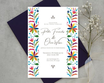 Customizable Mexican Wedding Invitation & Save the Date - Colorful Otomi Design #4 Spanish + English version. DIY in Canva. Instant Download