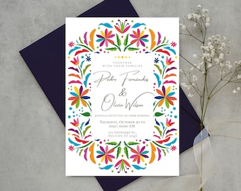 Customizable Mexican Wedding Invitation & Save the Date - Colorful Otomi Design #3 Spanish + English version. DIY in Canva. Instant Download