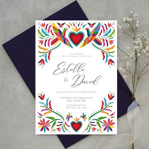 Customizable Mexican Wedding Invitation & Save the Date in Colorful Otomi Design. Spanish English version. DIY on Canva. Instant Download image 1