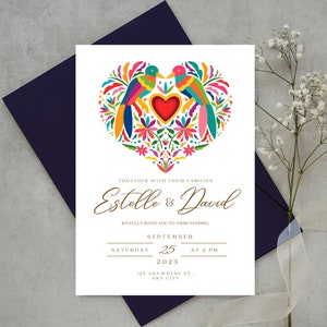 Customizable Mexican Wedding Invitation and Save the Date in Colorful Otomi Design. Black & White BG version. DIY on Canva. Instant Download