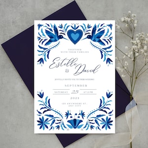 Convite de casamento mexicano customizável e economias a data em azul Otomi Design | Versões em espanhol + inglês | Faça você mesmo no Canva | Download instantâneo!