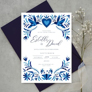 Customizable Mexican Wedding Invitation and Save the Date in Blue Otomi Design. Spanish and English version. DIY on Canva. Instant Download