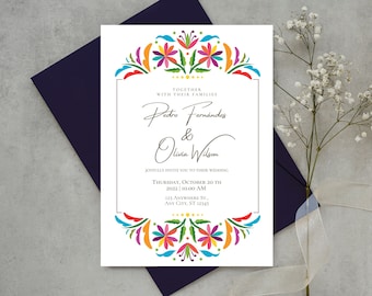 Customizable Mexican Wedding Invitation & Save the Date - Colorful Otomi Design #1 Spanish + English version. DIY in Canva. Instant Download