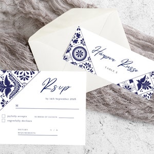 RSVP + Place Cards Templates for Weddings with Stunning Mexican Talavera Design. Easy to edit with Canva. Instant Download.