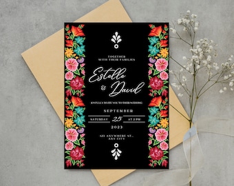 Mexikanische Hochzeitseinladung & Save the Date, Oaxaca Blumenmuster #3B | Spanische + englische Versionen. Einfach mit Canva zu bearbeiten. Sofortdownload