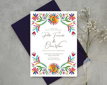 Customizable Mexican Wedding Invitation & Save the Date - Colorful Otomi Design #5 Spanish + English version. DIY in Canva. Instant Download