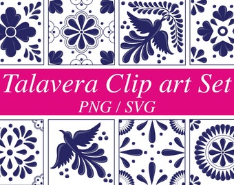 Beautiful Mexican Talavera Clip art Set - 8 Mosaic Designs in Hight Quality PNG + SVG Formats. Perfect for DIY Projects, Home Decor & More.