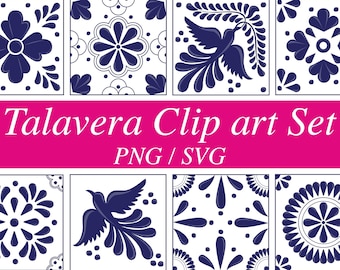 Beautiful Mexican Talavera Clip art Set - 8 Mosaic Designs in Hight Quality PNG + SVG Formats. Perfect for DIY Projects, Home Decor & More.