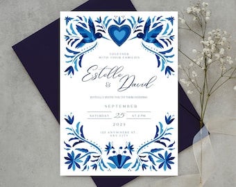 Customizable Mexican Wedding Invitation and Save the Date in Blue Otomi Design. Spanish and English version. DIY on Canva. Instant Download