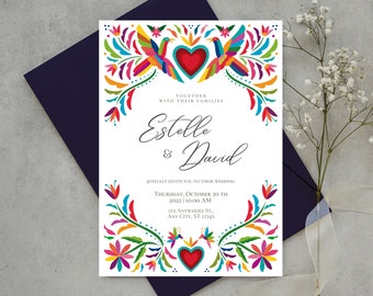 Customizable Mexican Wedding Invitation & Save the Date in Colorful Otomi Design. Spanish + English version. DIY on Canva. Instant Download