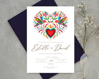 Customizable Mexican Wedding Invitation & Save the Date in Colorful Otomi Design. Spanish + English version. DIY on Canva. Instant Download