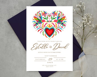 Customizable Mexican Wedding Invitation & Save the Date in Colorful Otomi Design. Spanish + English version. DIY on Canva. Instant Download