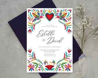 Customizable Mexican Wedding Invitation & Save the Date in Colorful Otomi Design. Spanish + English version. DIY on Canva. Instant Download