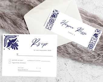 RSVP + Place Cards Templates for Weddings with Stunning Mexican Talavera Design. Easy to edit with Canva. Instant Download.