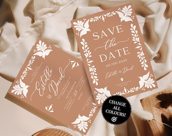 May include: Two terracotta-coloured save the date cards with white floral and bird designs. The text on the cards reads "Save the Date" and "Estolle & David" with the date "30/09/2025".