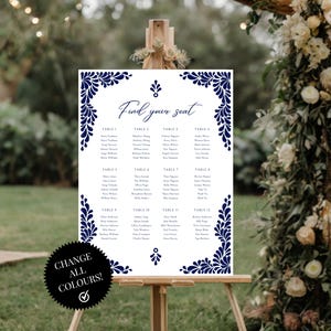 Mexican Talavera Wedding Seating Chart Set of 6 different Templates - Blue Talavera &quot;Leaves&quot; #2 - Easy to edit with Canva. Instant Download