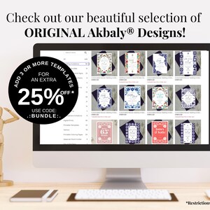 May include: A computer screen displaying a website with a selection of printable wedding invitation templates. The website offers a 25% discount for orders of 3 or more templates. The discount code is :BUNDLE:. The text on the screen reads "Check out our beautiful selection of ORIGINAL Akbaly&reg; Designs!"