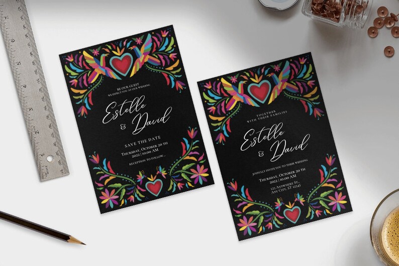 Customizable Mexican Wedding Invitation & Save the Date in Colorful Otomi Design. Spanish English version. DIY on Canva. Instant Download image 7