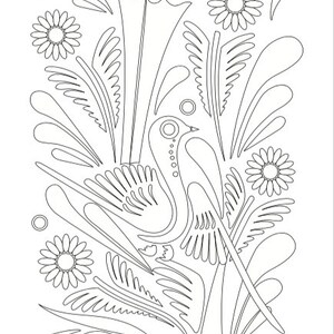 May include: A black and white line drawing of a stylized bird with large wings and a long tail. The bird is surrounded by stylized flowers and leaves.