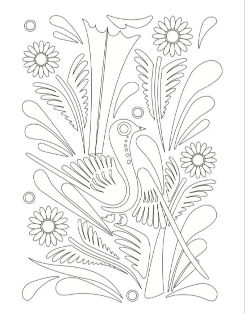 May include: A black and white line drawing of a stylized bird with large wings and a long tail. The bird is surrounded by stylized flowers and leaves.