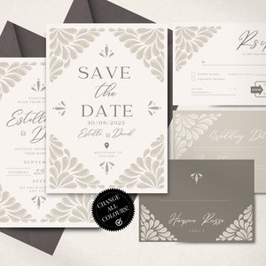 Puede incluir: Invitación de boda "Save the Date" con un diseño floral gris y blanco. La invitación incluye la fecha, 30/09/2025, y los nombres Estelle & David. La invitación también incluye una tarjeta RSVP y una tarjeta de detalles de la boda.