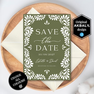 Modelo de reserva de data para casamento em Talavera | Cartão de reserva de data para casamento em Talavera verde | Confetes de casamento | Edição Canva | Download instantâneo!