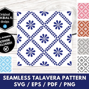 Puede incluir: Un diseño de patrón Talavera sin costuras en azul y blanco, con elementos florales y geométricos. La imagen incluye una variedad de opciones de color y el texto "SEAMLESS TALAVERA PATTERN" con opciones de tipo de archivo.