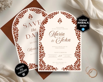 May include: Elegant wedding invitation cards with a floral design in brown and cream. The cards feature the names "Maria & John" and "Save the Date" with event details. Includes a "Change All Colours" and "Original AKBALY design" badge.