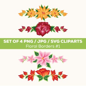 Floral Borders, set of 4 Cliparts | PNG, SVG | Oaxaca Floral Design | Mexican Flowers | Oaxaca florals | Instant Download | Digital Files