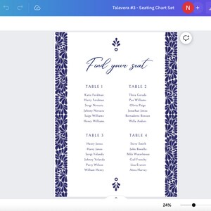 May include: A printable seating chart with a blue floral border. The chart is titled "Find your seat" and lists guests by table number.